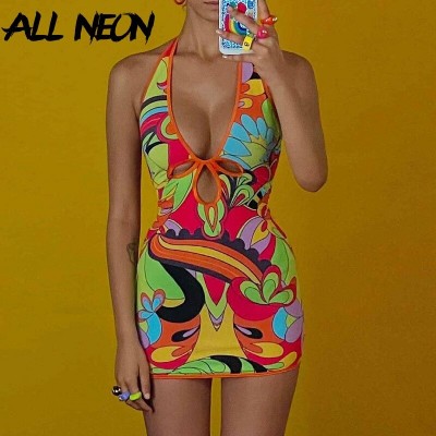 Rave Streetwear Art Print Backless Halter Dresses Festival Outfits Vintage Sexy Deep V Hollow Out Bodycon Mini Dress